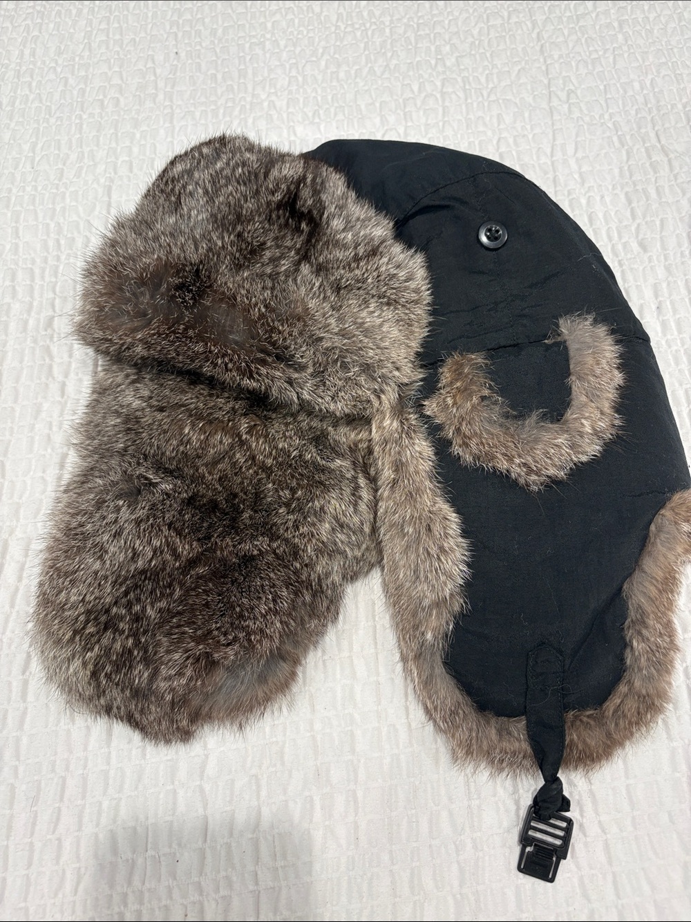 Crown Cap Adult Trappers Hat in Black with Genuine Rabbit Fur Trim
Size M